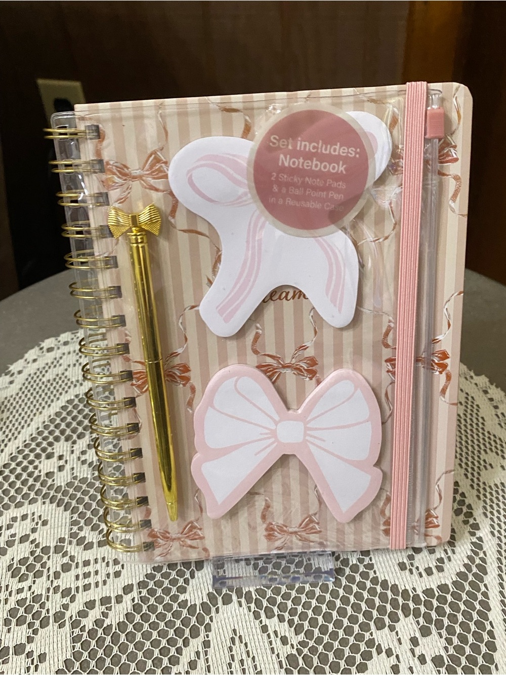 Notebook Set with Pink Bow sticky notes and Gold colored Pen
